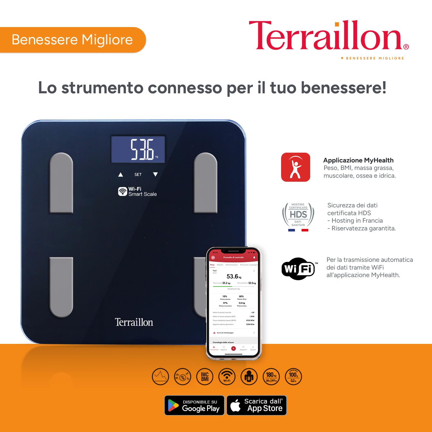 TERRAILLON - FIT COACH - Bilancia connessa WiFi, Impedenzometro, Analisi di massa grassa, muscolare, idrica, ossea e viscerale, IMC, schermo LCD, capacità 180 kg, vassoio in vetro, nero