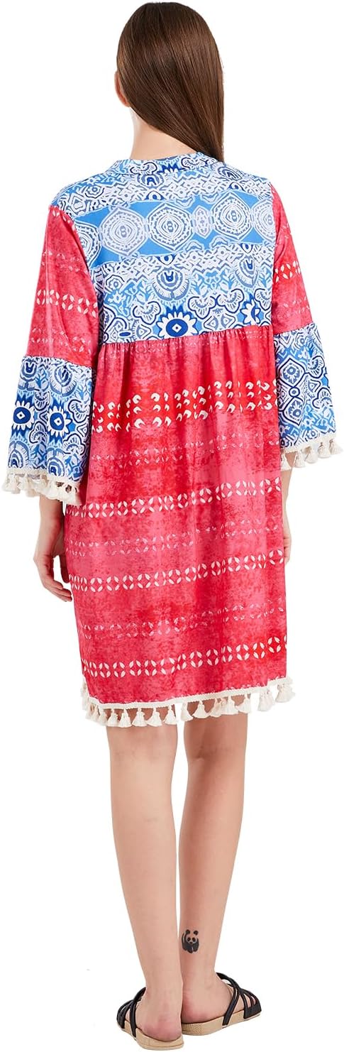 yoeasy Women Print V Neck Tassel 3/4 Sleeve Knit Shift Dress Bohemian Casual Knee Length Dress - Image 5
