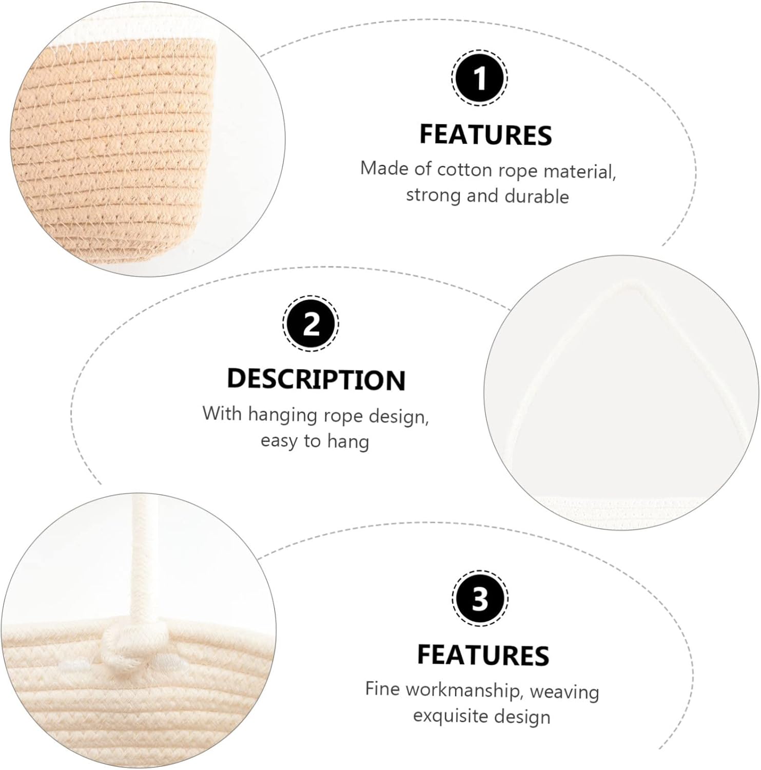 Cabilock Three Layered Cotton Rope Woven Storage Basket for Sundries Wall Hanging Organizer for Home Office and Kitchen Simple and Elegant Design White and Khaki