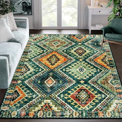 Vintage Area Rugs, Living Room Rug, Diamond Geometric Splicing Ethnic Green Rugs Non-Slip Short Pile Rugs Soft Washable Chic Traditional Rug For Kitchen Bedroom Kidsroom Decor Carpet 140 x 200 cm