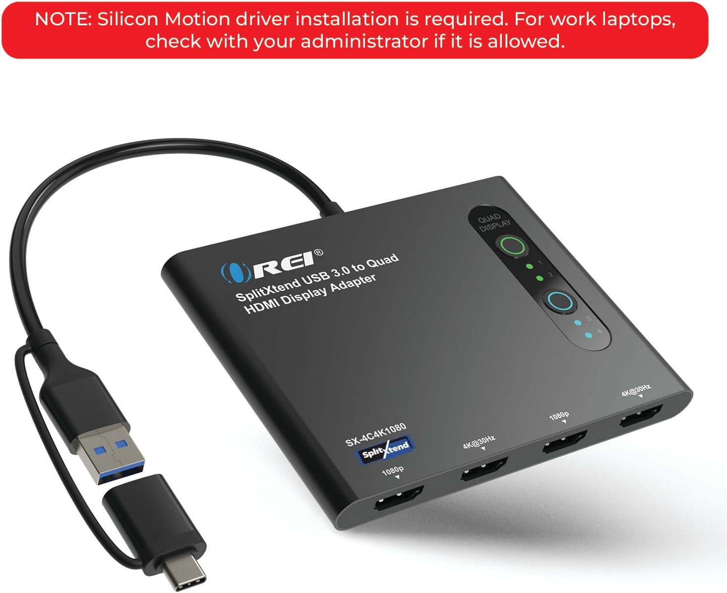 OREI SplitExtend HDMI Splitter Extended Display for Quad Monitor - Laptop Multiple Monitor Adapter with 4 Displays - USB-C Adapter to HDMI 2.0, 4K@30Hz Outputs - Windows and Mac Compatible