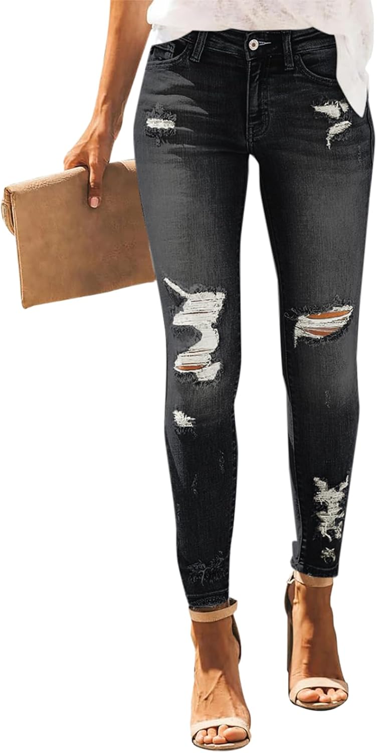 Women Mid Waist Skinny Stretch Ripped Jeans Destroyed Denim Pants Plus Size (Pack of 2) - Image 5