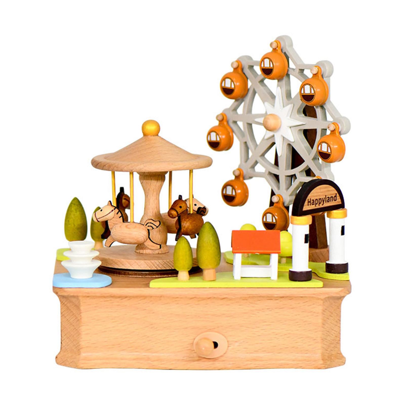 Qusinfc Wooden Rotating Carousels and Wheel Statue Musical Box Classical Melodies Ornament Children Couples Home Accent Vintage Musical Carousels Ornament