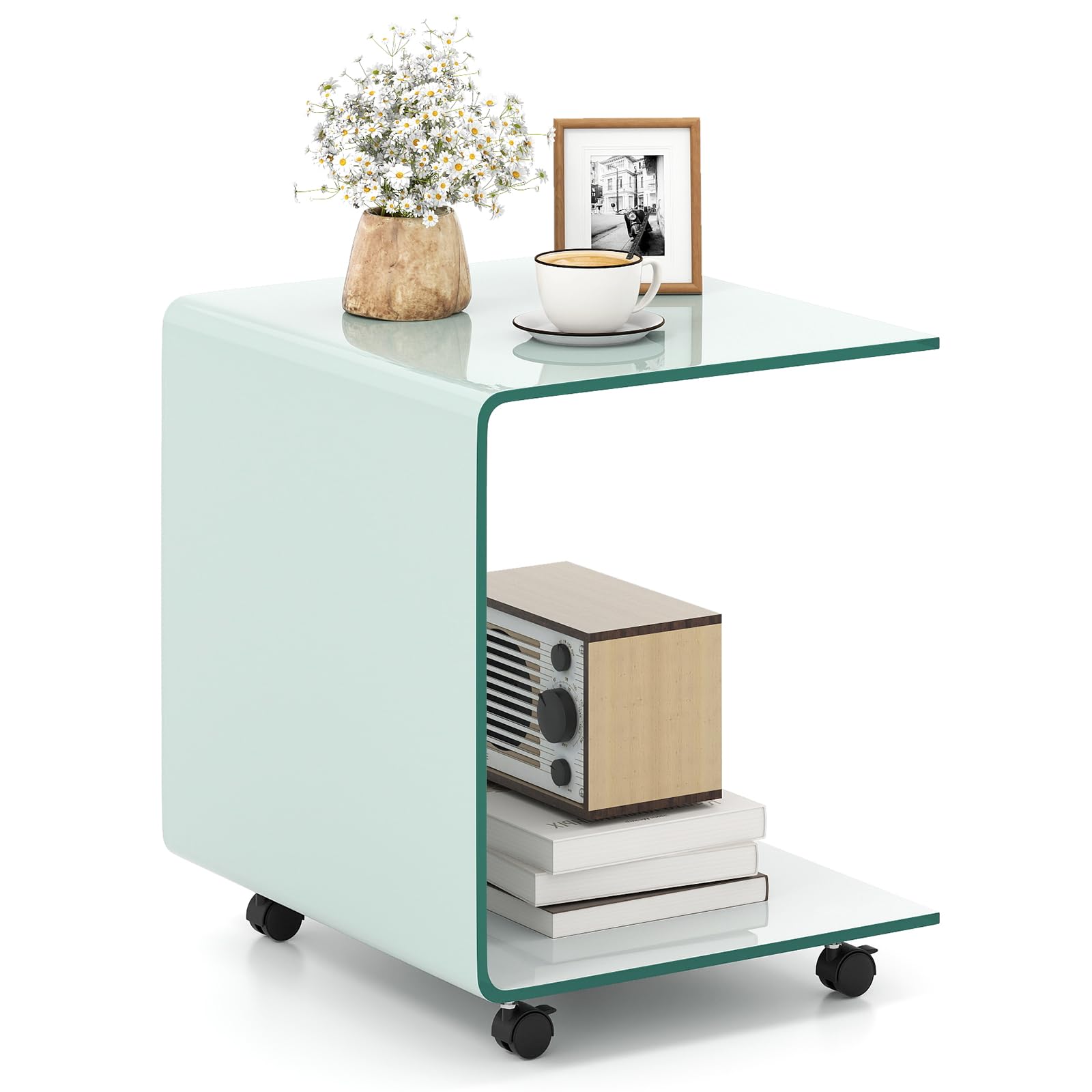 COSTWAY Mesas Auxiliares de Cristal, 45 x 45 x 41 cm, 2 Formas, Mesas de Centro Pequeñas, Mesa Auxiliar Salon Sofa de Vidrio Templado, Mesa para Café (Blanco,con Ruedas)