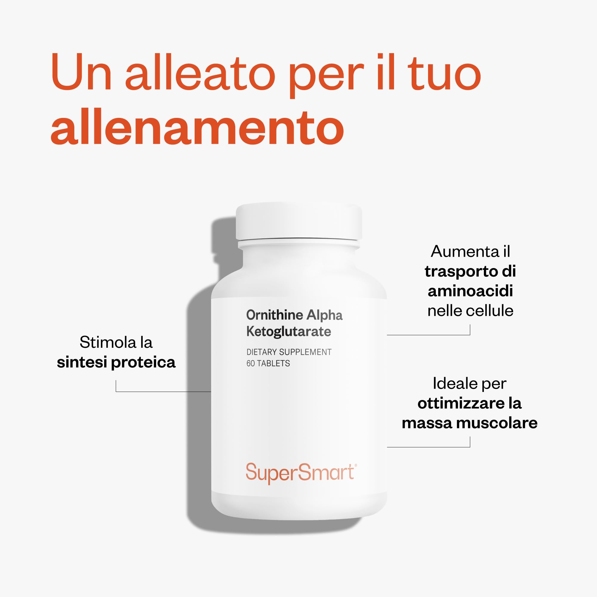 Ornitina alfa chetoglutarato (OKG) - Aumenta la produzione degli ormoni della crescita - Contribuisce alla sintesi proteica e all'aumento della massa muscolare - Vegano - SuperSmart