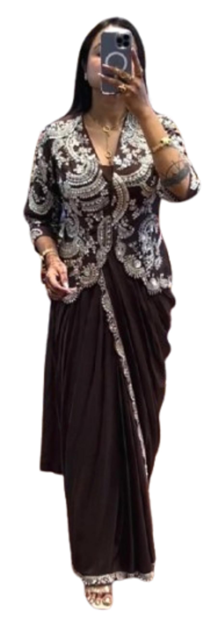 Lehenga Choli Indo-Western Draped Set For Womens And Girls Embroidery Sequence work ready to wear saree with full koti wedding indowestern Wedding Saree koti Brown-image-3