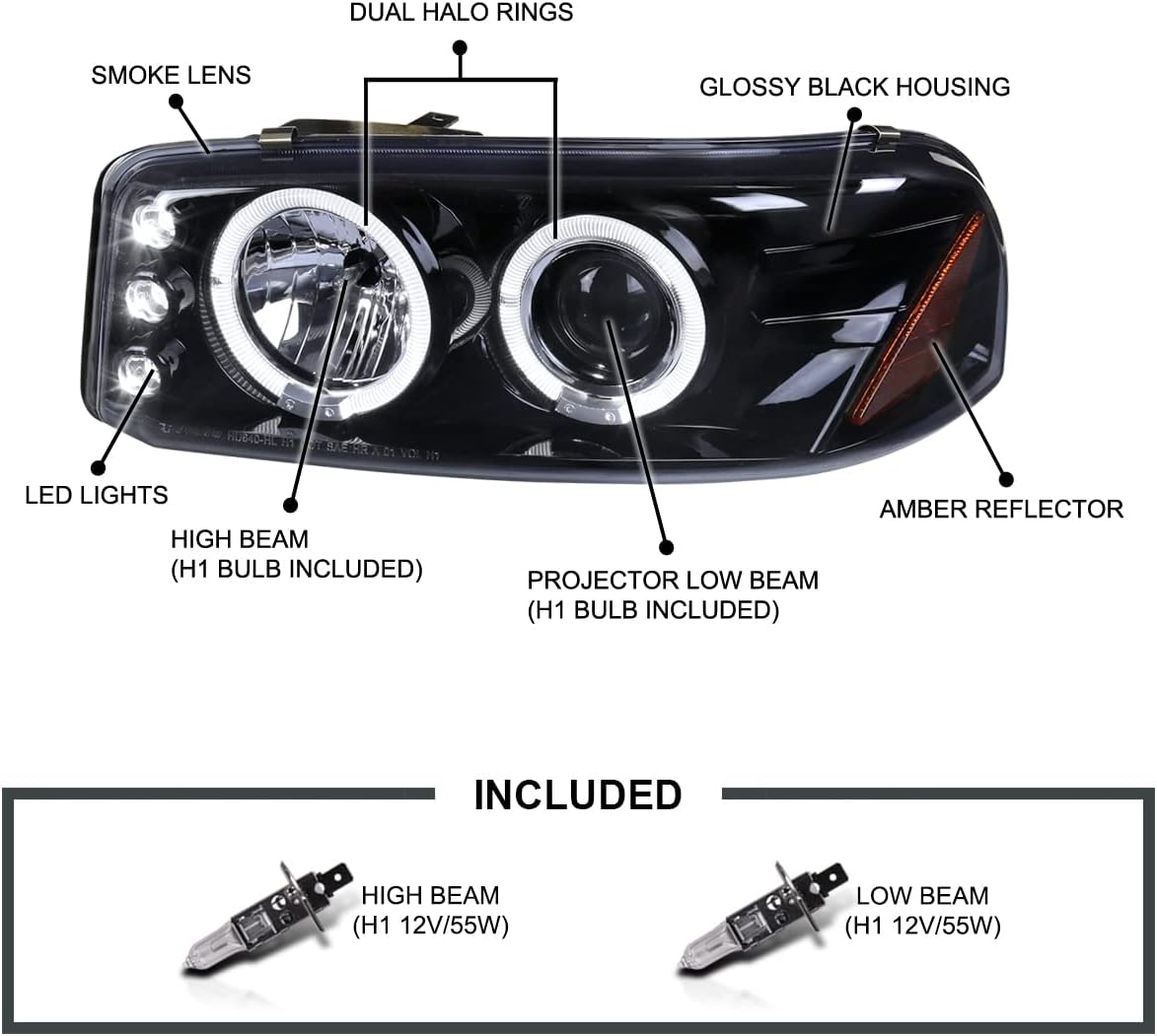 SPEC-D TUNING Halo Glossy Black Housing Smoke Lens Projector LED Headlights Compatible with 1999-2006 GMC Sierra 1500/2500/3500, Left + Right Pair Headlamps Assembly