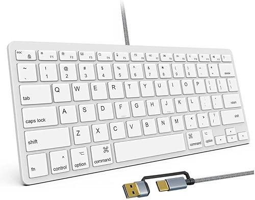 Teclado con cable ultradelgado para Apple Mac, cable de conversión USB y tipo C, 78 teclas de tijera, teclas de acceso rápido multimedia, compatible