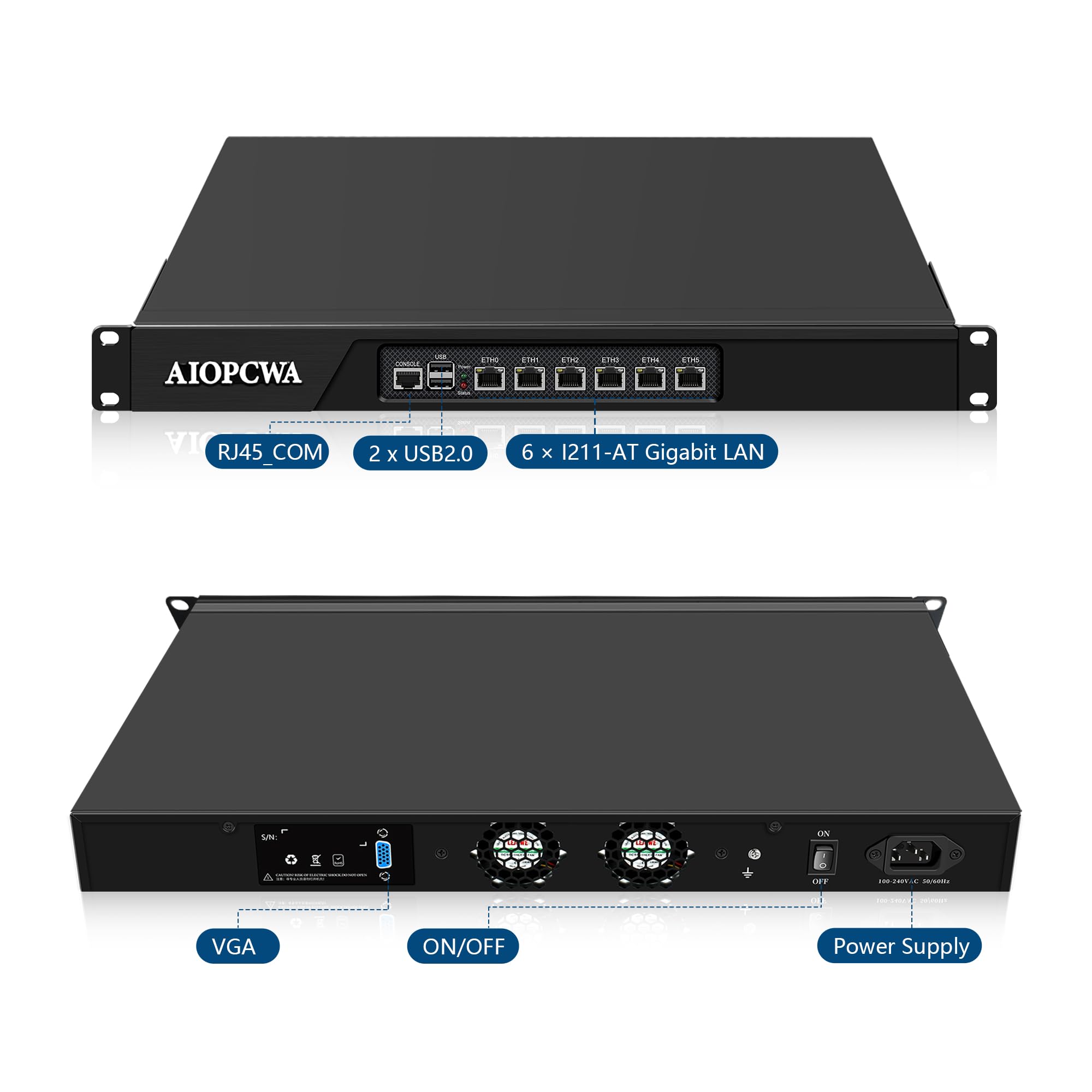 1U Rackmount Firewall Appliance i3-3217U, 6 × Gigabit I211AT LAN, OPNsense Router Hardware, 19 Inch Network Server Barebone DDR3 No RAM/SSD/OS, VGA, SATA3.0, Console