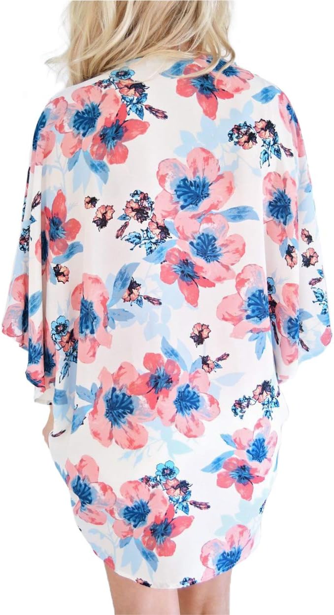 FINOCEANS Womens Floral Chiffon Kimono Cardigans Loose Beach Cover Up Half Sleeve Tops - Image 3