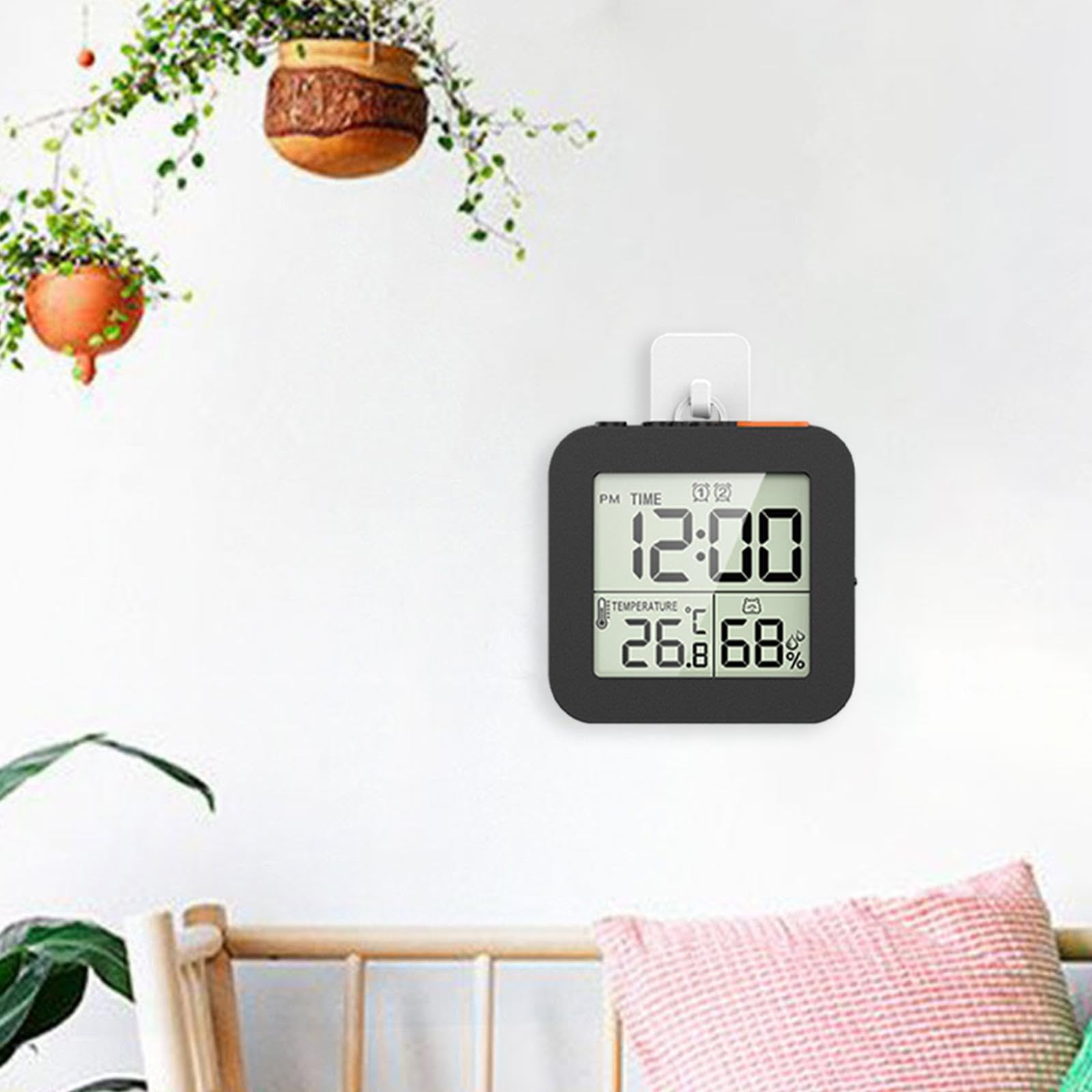 MagiDeal Horloge numérique Salle de Bain réveil Affichage LCD température thermomètre hygromètre 2 Crochets Noir