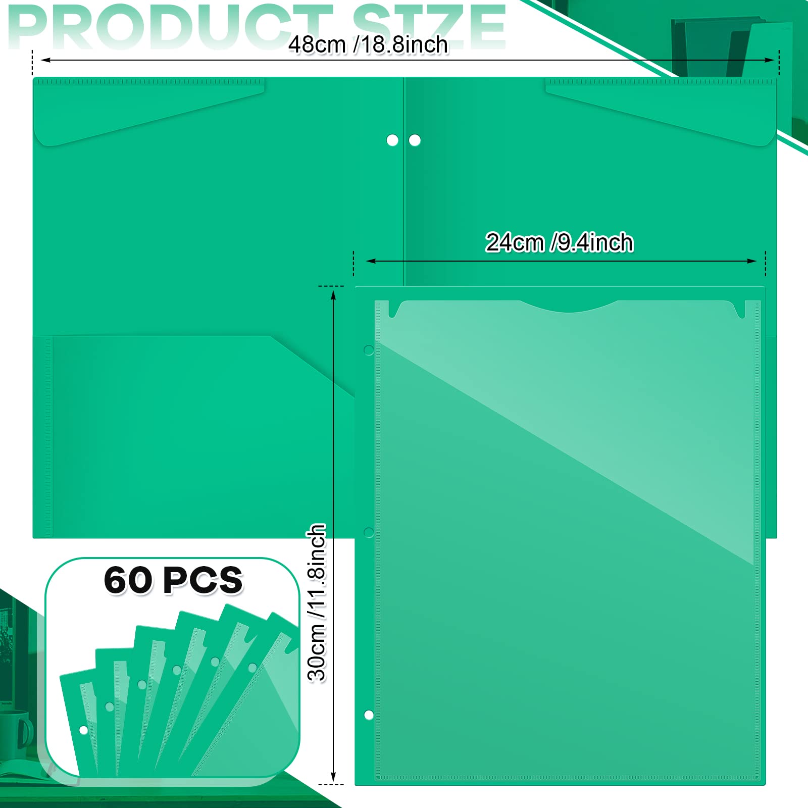 60-Pack Plastic 2-Pocket Folders With 3 Holes - Clear Front Pocket For 3-Ring Binders, Office & School Supplies (Green)