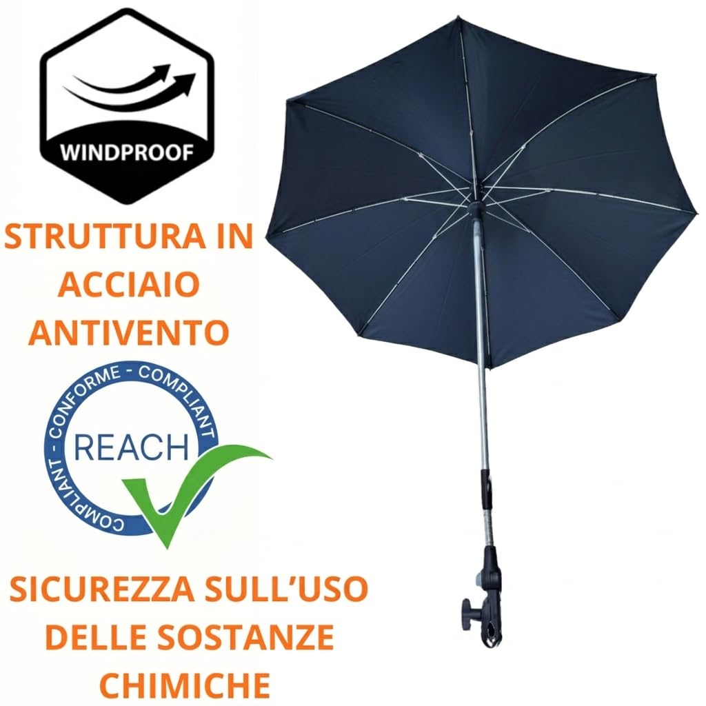 TC BABY'S Ombrellino per Passeggino, Universale, Anti UV, Ombrello Parasole, Protezione bambini (Blu)