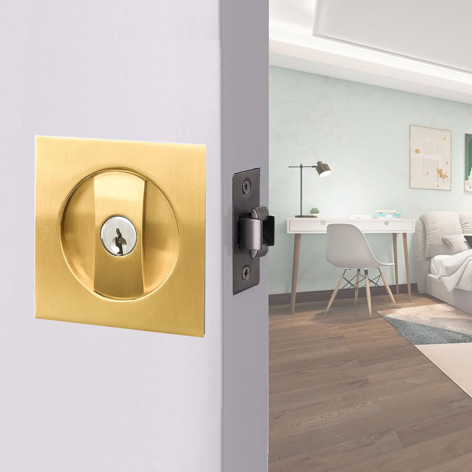 betensh Square Sliding Door Lock Invisible Recessed 2 Sided Door Lock Mortise Keyed Pocket Door Lock Privacy Pocket Door Handle 66 mm Gold โ image 1