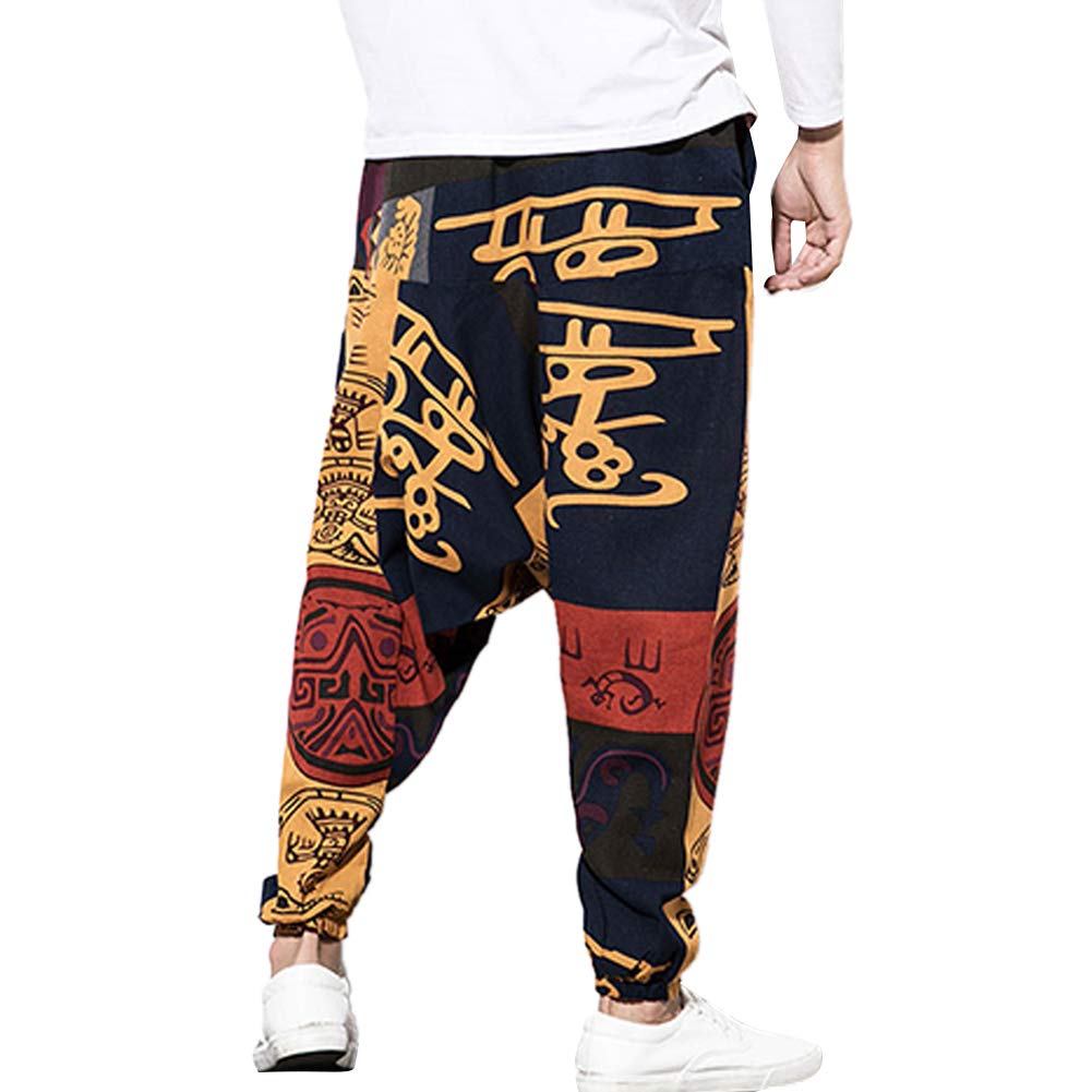 Pantalon sarouel hip-hop ample en lin pour homme - Pantalon de yoga Aladdin bohème - Pantalon bouffant - Entrejambe profond - Imprimé rétro - Pantalon avec poches