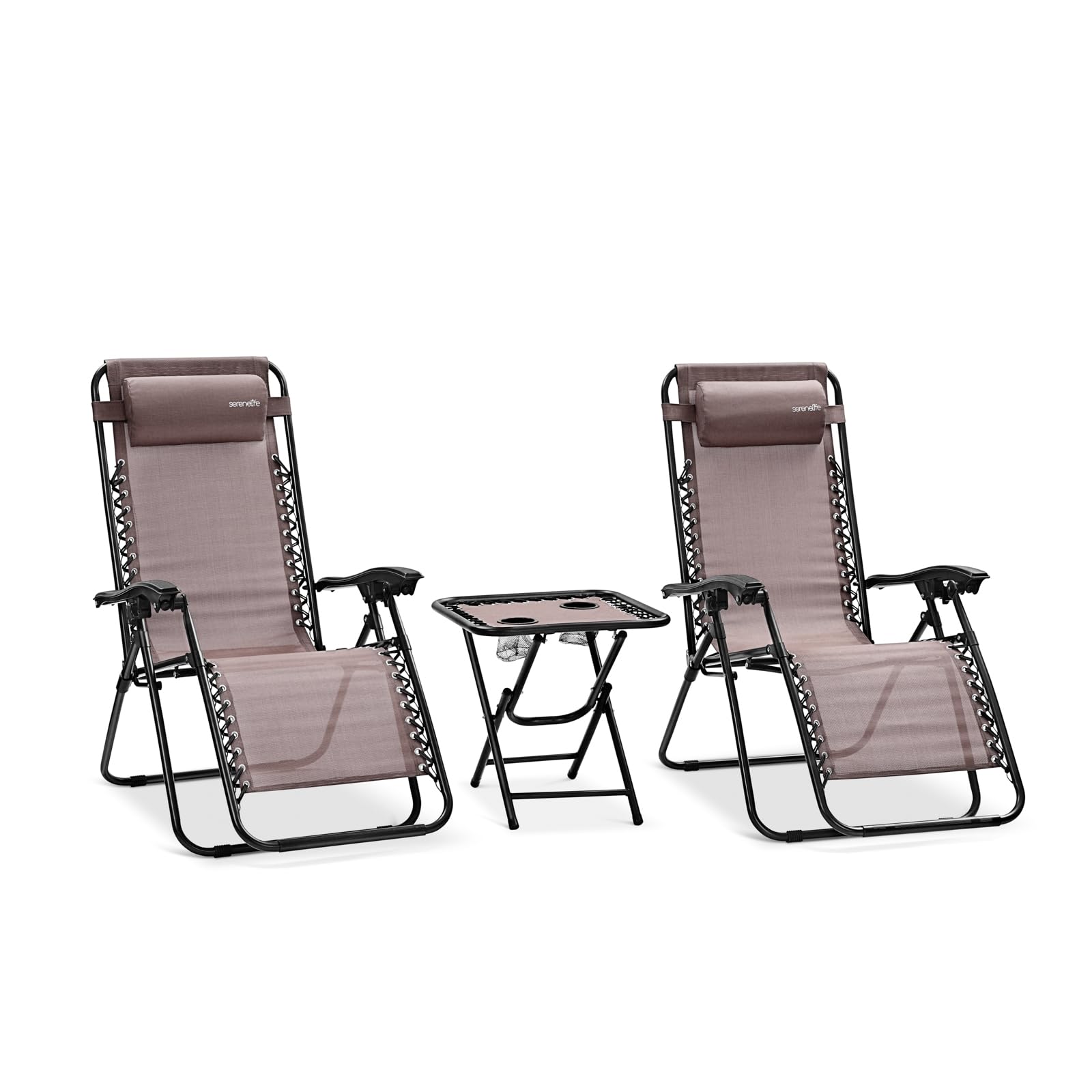 SereneLife Zero Gravity Chairs Set of 2 - Adjustable Outdoor Lounge Chairs with Side Table, Cup Holders, Removable Pillows, Folding Portable Ideal for Patio, Backyard, Poolside, Beach Camping