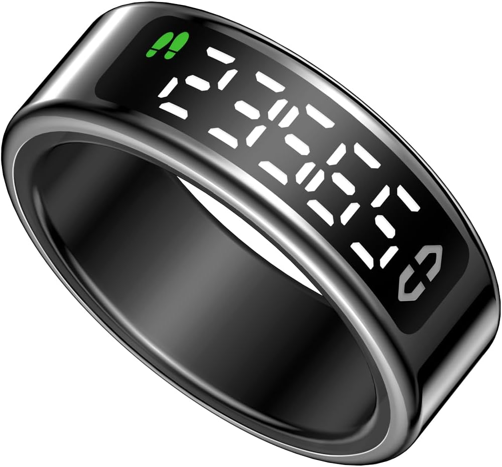 Smart Rings for Men with Display Screen, Fitness Ring with Wireless Charging, Sleep Tracker Ring with Heart Rate, Health Rings for Activity Monitoring/Steps/Calories, for iOS (Black, #10(19.9 mm))