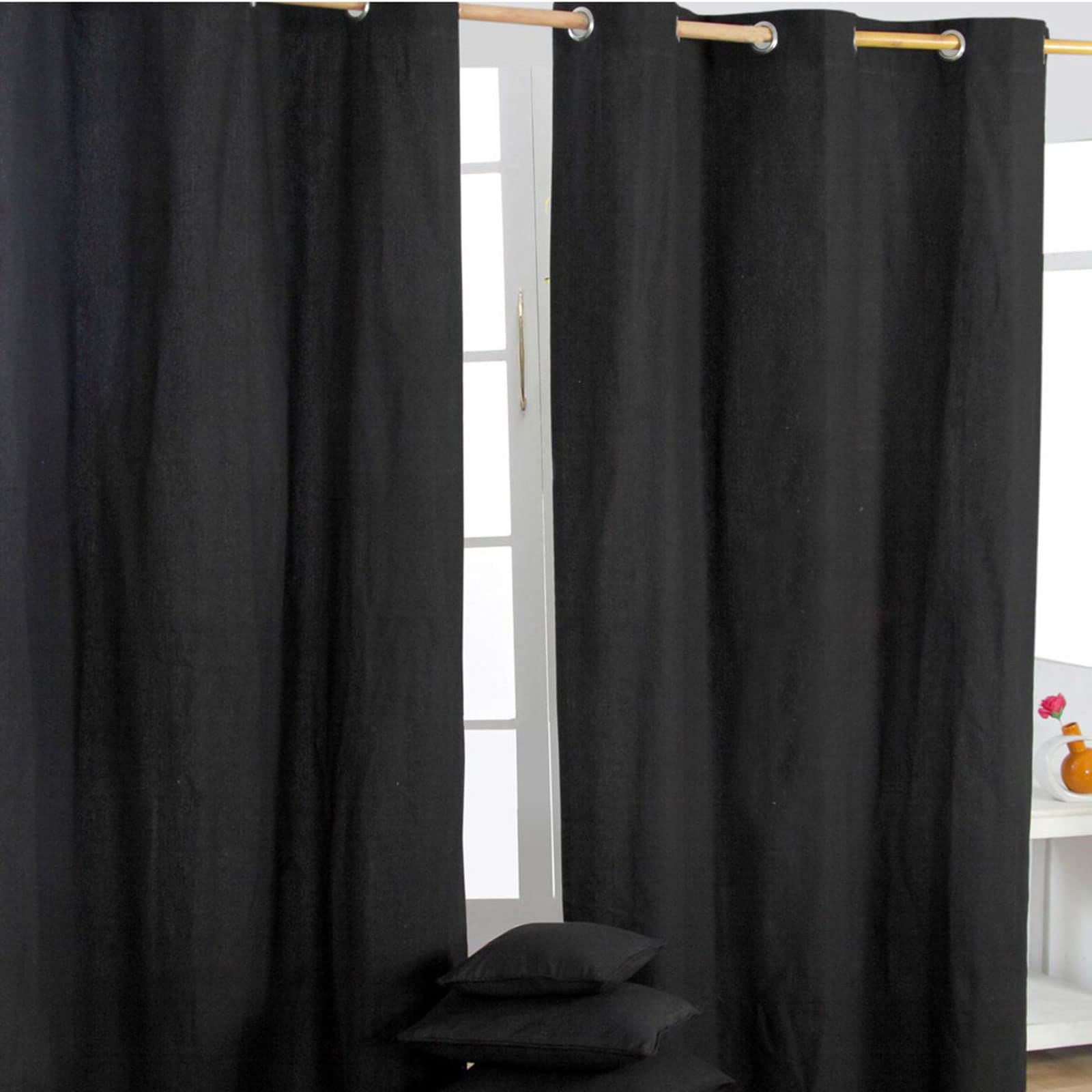 Homescapes Black Eyelet Curtain Pair 137Cm (54") Wide X 182Cm (72") Drop Plain Heavy Unlined Curtains