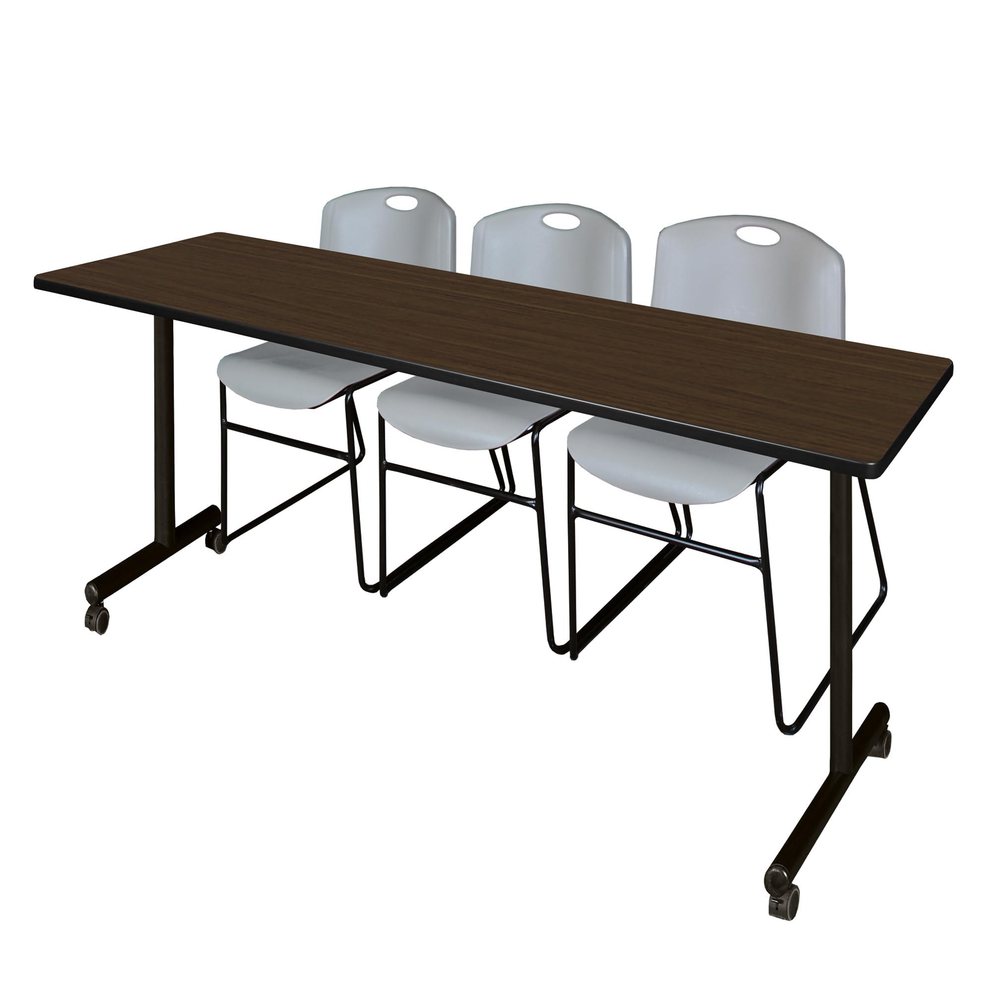 Regency Kobe 84 x 24 in. Mobile T-Base Training Table- Neo Walnut, 2 Zeng Stack Chairs- Grey
