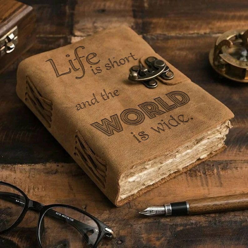 Image of DI-KRAFT Handcrafted A5 120 GSM Vintage Paper Printed Diary Leather Writing Diary With Buckle Lock Notebook Unruled Personal Diaries Leather Journal for Office - 5x7 Inch 200 Pages (Brown Quote5)
