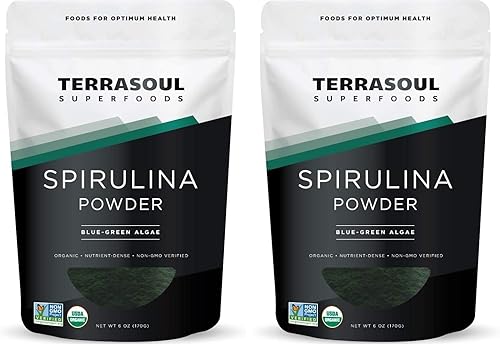 Terrasoul Superfoods Polvo de espirulina orgánica, 6 onzas, proteína vegana, superalimento verde para batidos, elixires desintoxicantes y apoyo
