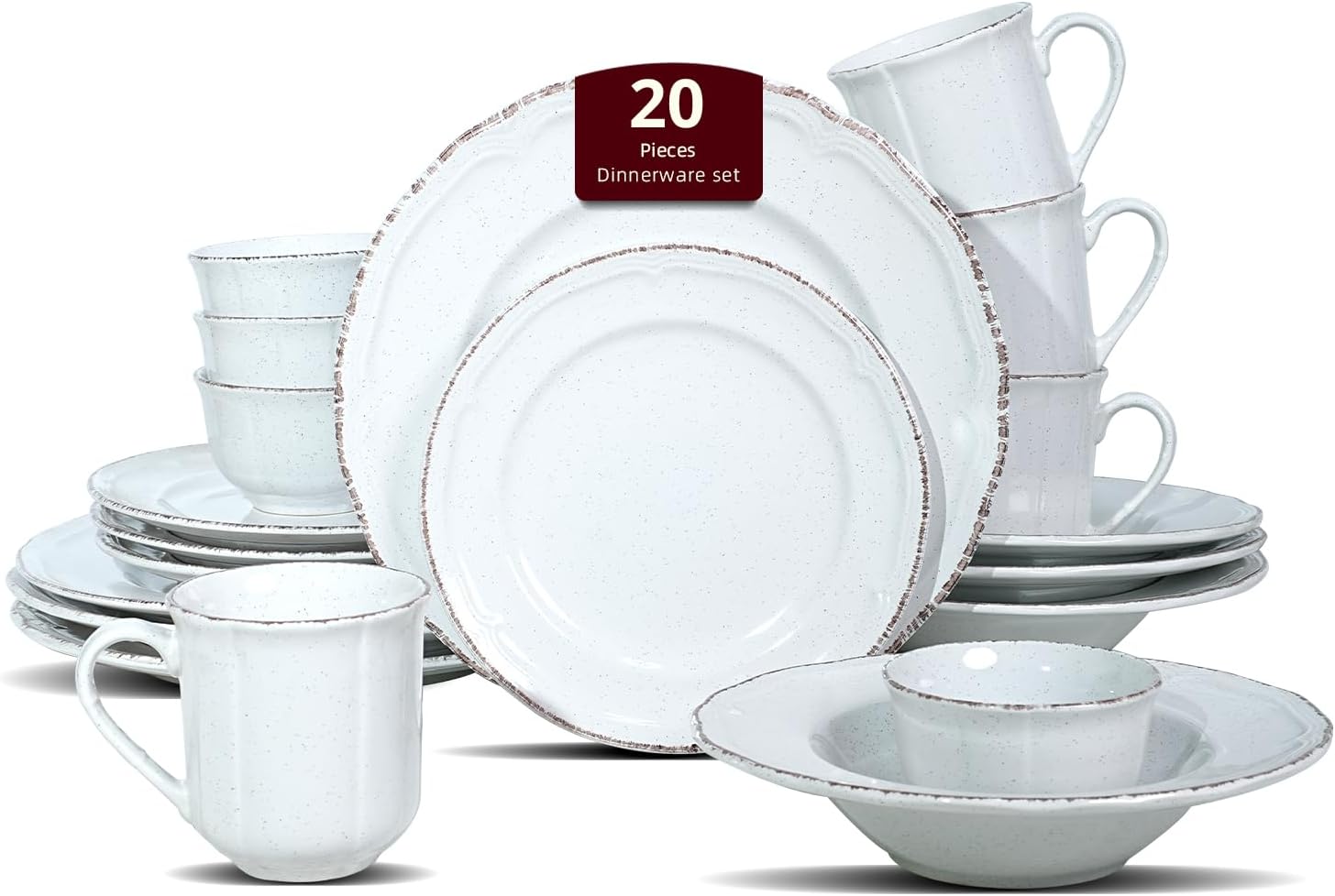– Dinner Set, 20 Piece Stoneware Dinnerware Service for 4, Dining Ware Include Plates, Bowls and Mugs, Chip and Scratch Resistant, Microwave & Dishwasher Safe, White