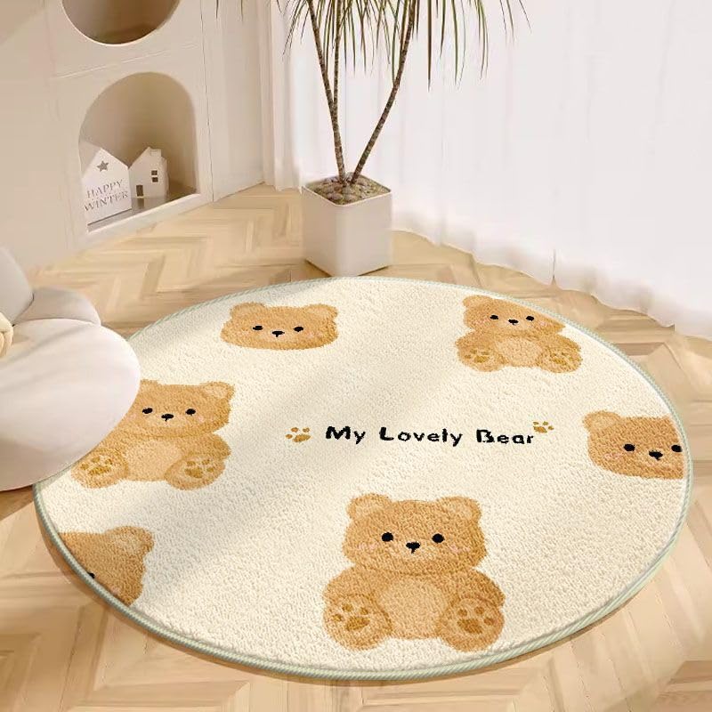 Pmnadfdag Tapis Rond Chambre Enfant Tapis Enfant Poil Court et Doux pour Chambres à Coucher, Salle de Jeu Tapis Chambre Fille, Garçon, Bébé Ø100cm Ours...