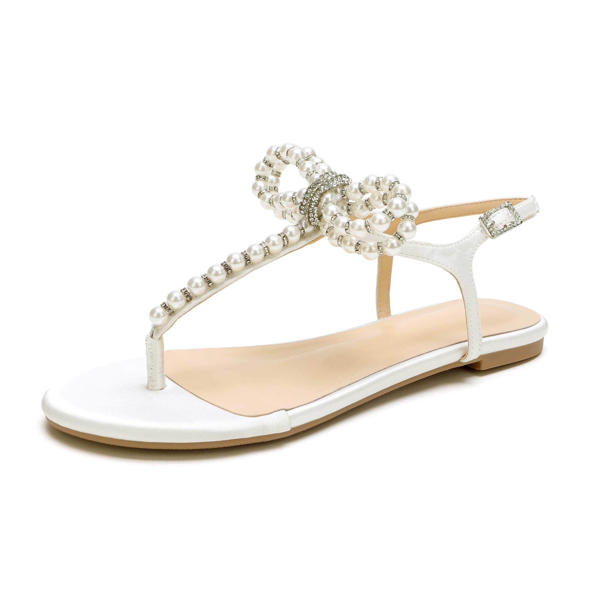 Women T-Strap Thong Sandals with Pearl Roman Style Flats with Bow,Bohemian Casual Beach S…