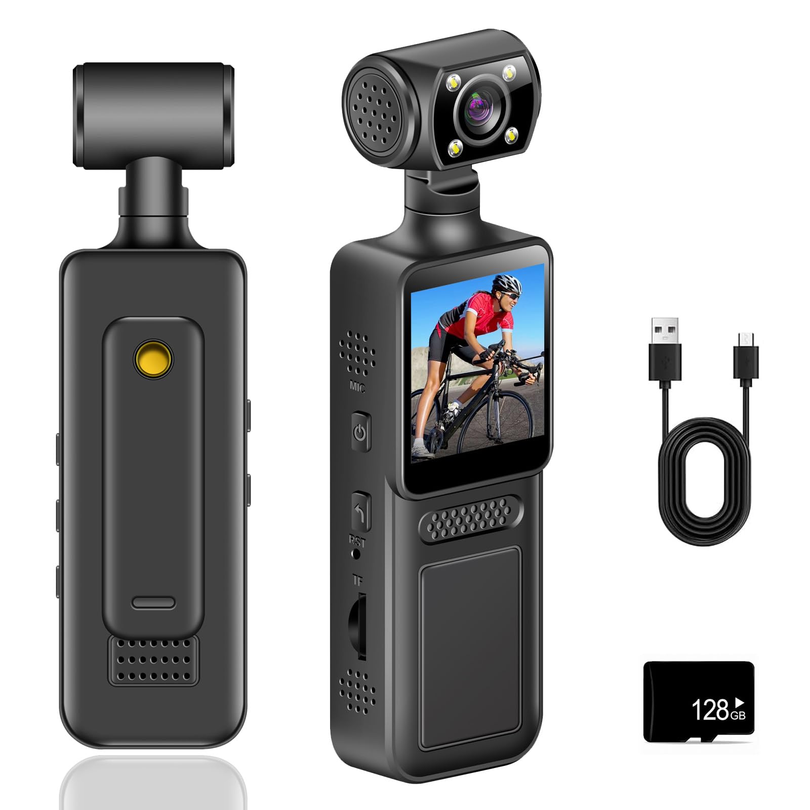 4K Camera Pieton, 128GB Caméra de Corps avec Objectif Rotatif & 180° Grand Angle, WiFi Enregistreur Vidéo Portable avec Clip Arrière, Détection de Mouvement de Vision Nocturne pour Sport Vélo Voyage