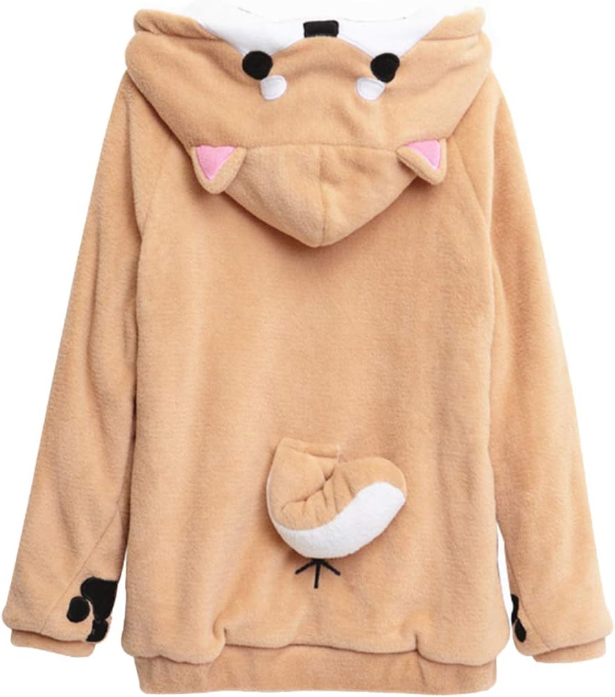 BAIMORE home Wear Clothes Hoodie Sweatshirt Cute Coral Celvet Long Sleeve with 3D Shiba Inu Dog Ear and dog Tail White