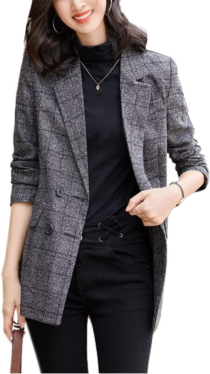 ebossy Women's Notch Lapel 2 Button Boyfriend Blazer Suit Houndstooth Plaid Jacket Coat - Image 2