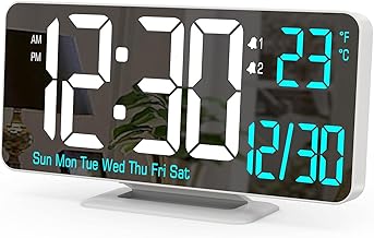KOSUMOSU デジタルLED時計 寝室用目覚まし時計 6.7インチホワイト置き時計 調光 /12/24時間/日付/曜日/温度付きベッドサイドLED時計、リビングルーム用デュアル目覚まし時計