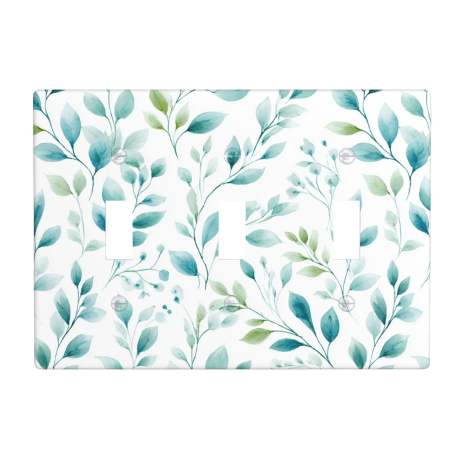 Woshuwo White Watercolor Pastel Green Leaves And Vines Pattern Light Switch Covers 3 Gang Triple Toggle Wall Plate Switchplate Electrical Faceplate For Bathroom Kitchen Bedroom Decor
