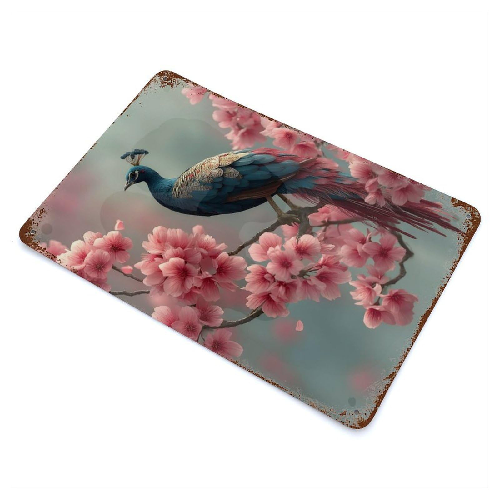 Peacock Perched Among Cherry Blossoms Decorative Tin Sign 11.8"x7.9", Retro Wall Decor for Living Room, Hallway And Home Decor