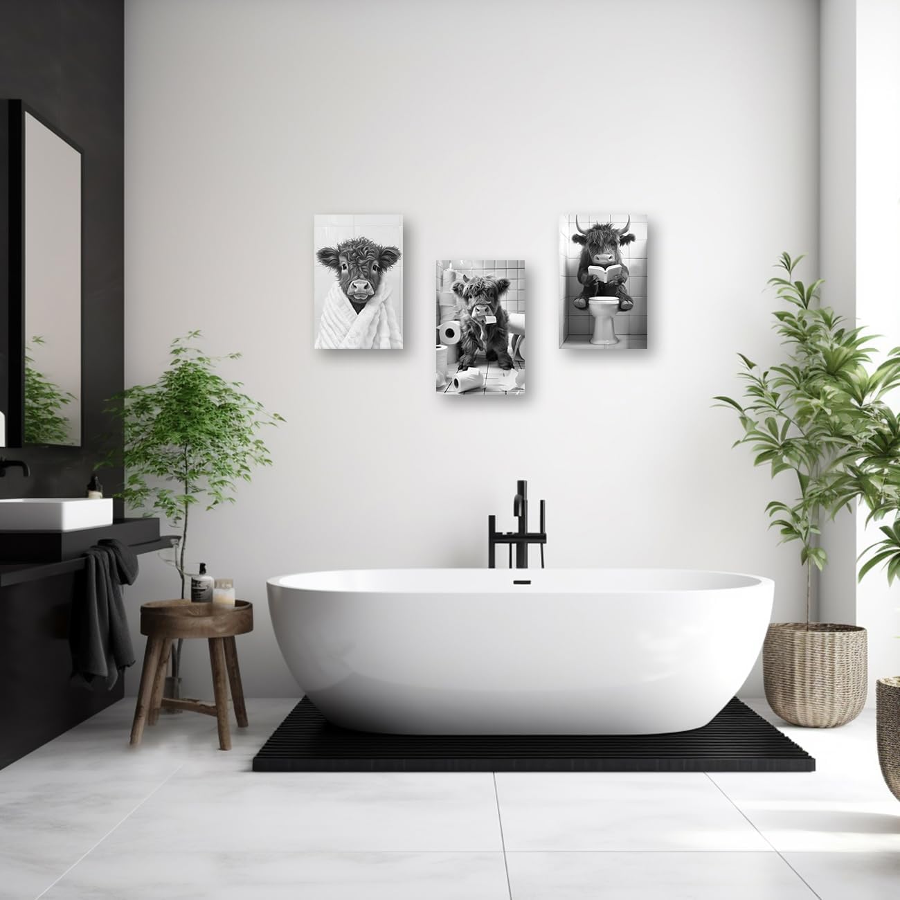 DOARTDO Highland Cow Bathroom Wall Art Funny Animal Canvas Prints 3 Pieces Black and White Cattle Pictures Cute Animal Painting Restroom Toilet Decor Framed (12x16inchx3Pcs)