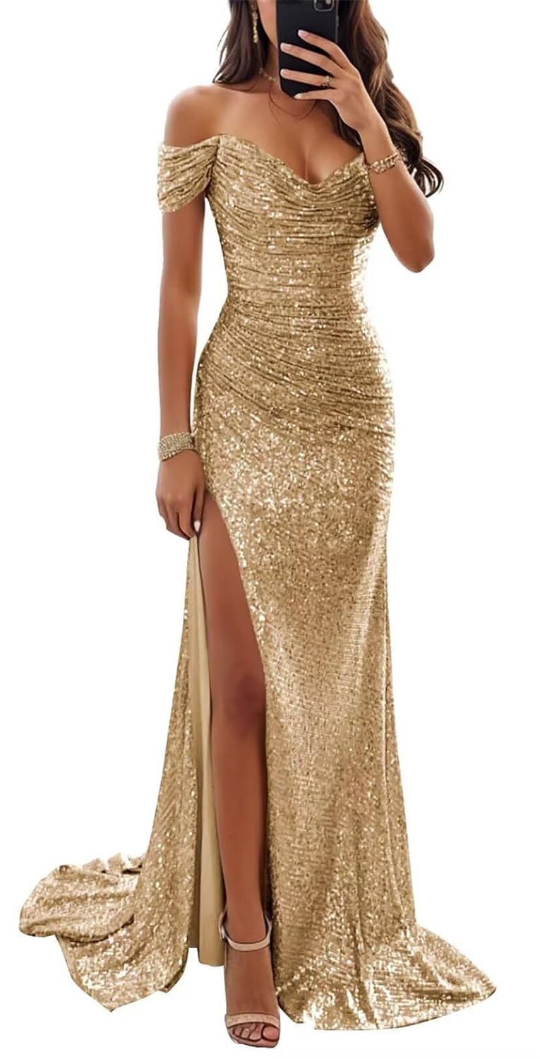 Yiann Women's Gold Sparkly Sequin Prom Dress Long Ball Gown Off Shoulder Mermaid Bridesmaid Dresses With Slit Plus Size Formal Gown Uk22
