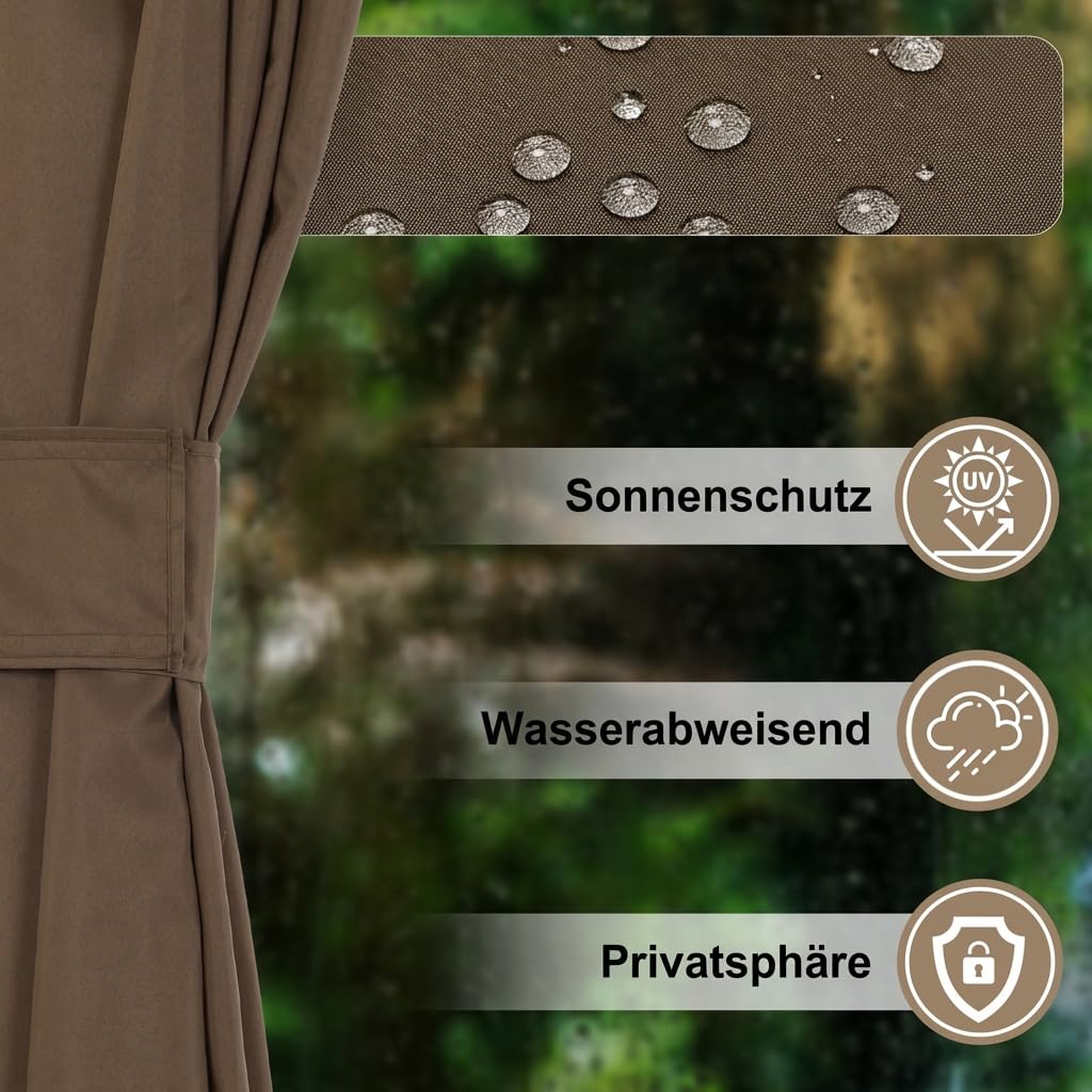 COWVIE 4PCS Pavillon Vorhang, 3 x 4 m Blickdichte & wasserdichte Seitenteile, UV-Schutz Outdoor Gardinen mit doppeltem Reißverschluss für Garten, Terrasse & Hof, Braun (nur Vorhänge)