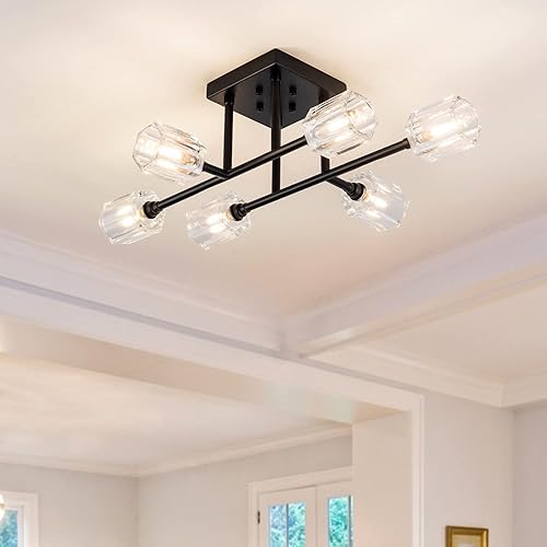 Lámpara de techo industrial semiempotrada de 24 pulgadas, 6 luces, lámpara Sputnik, lámpara de techo retro negro mate, iluminación moderna de granja