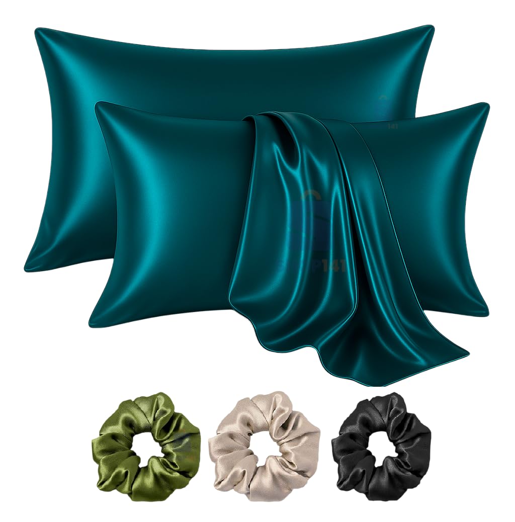 Satin Silk Pillow Cover for Hair and Skin 2 Piece with 3 Piece Satin Silk Scrunchies Free Solid Pillow Covers with Envelope Closure (Rama)