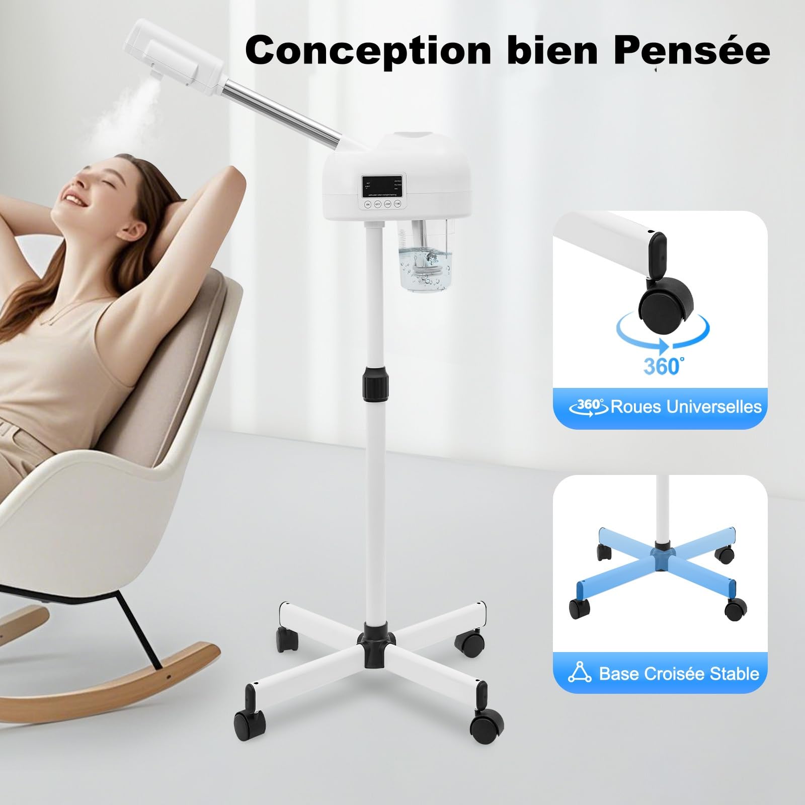 Cuiseur Vaporise Facial Professionnel, 42 °C Cuiseur Vapeur Visage Multifonctionnel Brumisateur Hydratante Eau avec 360 ° Buse Pivotante, Vapozone Esthétique pour Salon et Usage Domestique