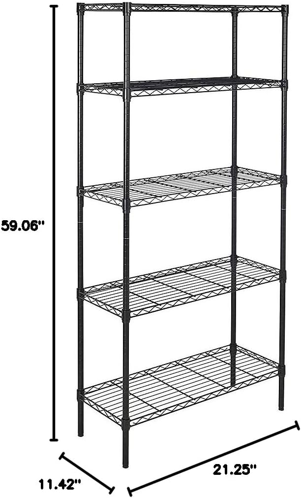 5-Shelf Adjustable Industrial Storage Wire Shelving Unit with Hook,Heavy Duty Utility Layer Rack Organizer for Kitchen,Steel Organizer Metal Rack - Chrome - (21.25 x 11.42 x 59.06)