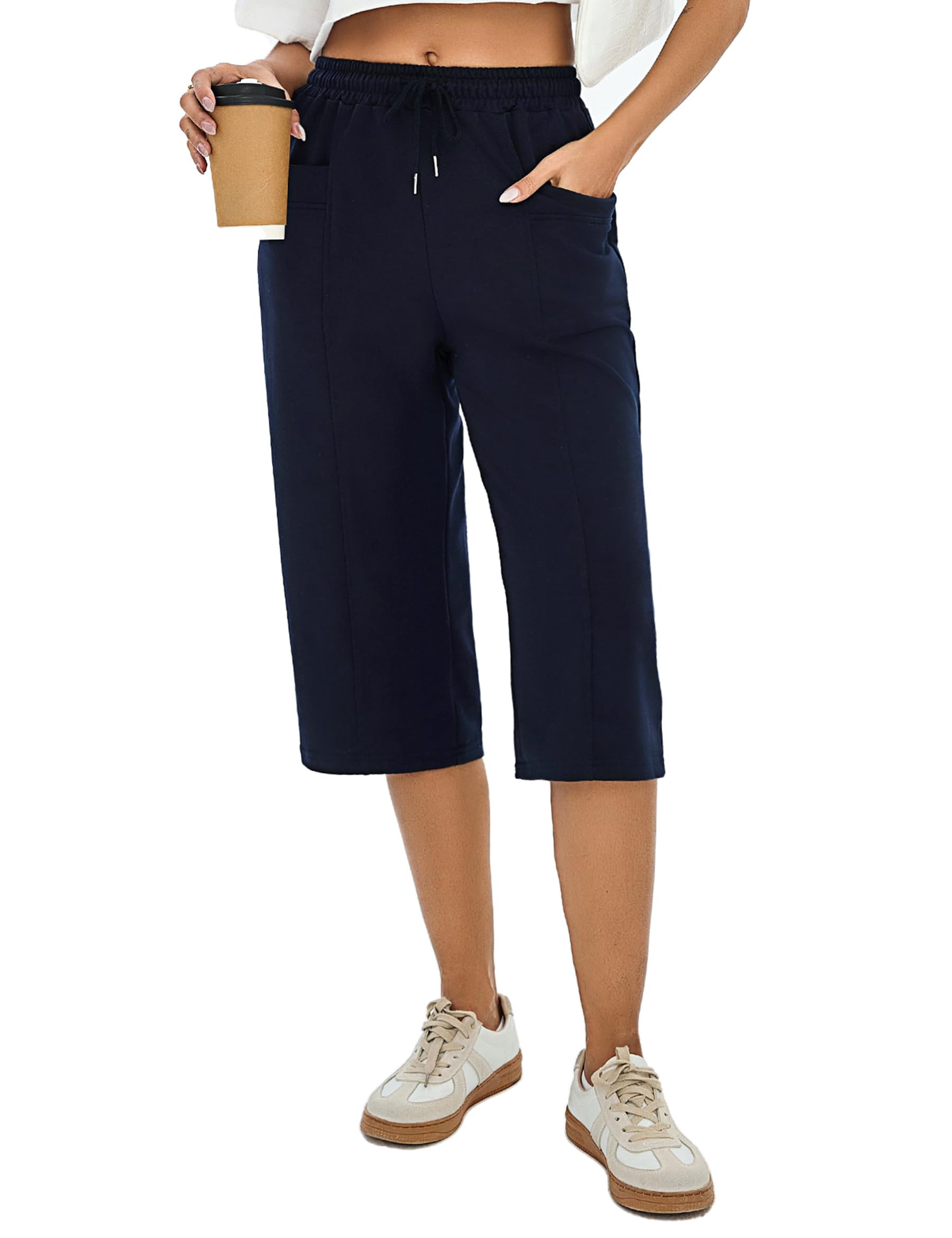 Demegimi Damskie spodnie dresowe 3/4 Capri spodnie bawełniane sportowe z wysokim stanem letnie spodnie pirackie z kieszeniami do jogi i biegania