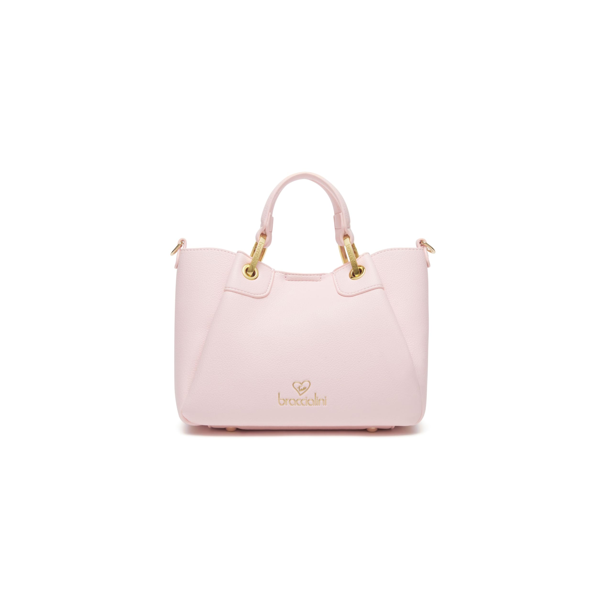 Braccialini Amy Kleine Handtasche mit Doppelgriffen, die zwischen den Quernähten Paneele verbirgt, die eine Vergrößerung ermöglichen. Die Tasche aus rosafarbenem Kunstleder zeichnet sich durch die