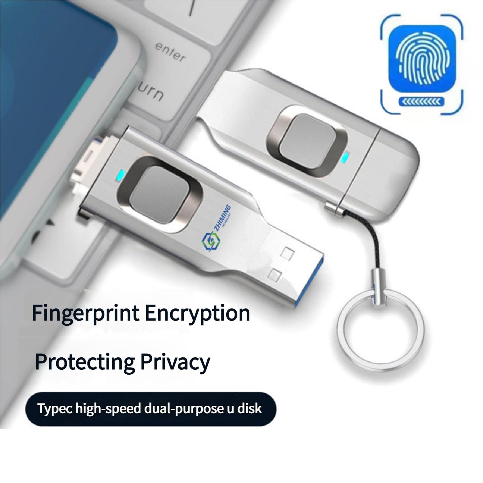 Chiavetta USB Girevole, 64 GB, interfaccia Type-C, sensore di Impronte digitali ad Alta sensibilità, Protezione con Password per l'archiviazione dei Dati