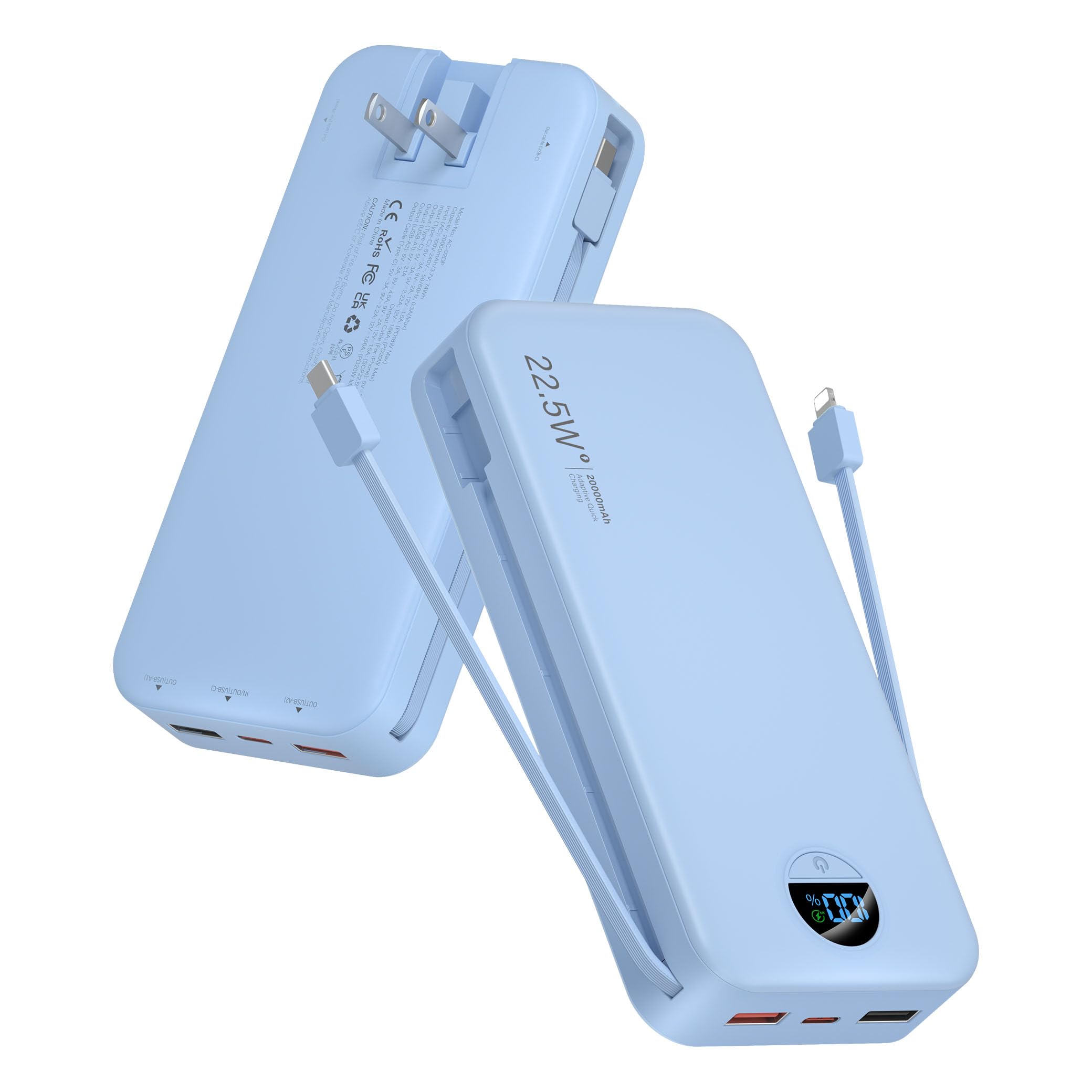 Portable Charger Power Bank, 20000mAh 22.5W USB C Fast Charging with Built-in Cables & Wall Plug, External Battery Pack with LED Display, Travel Essentials for iPhone, iPad, Samsung Blue