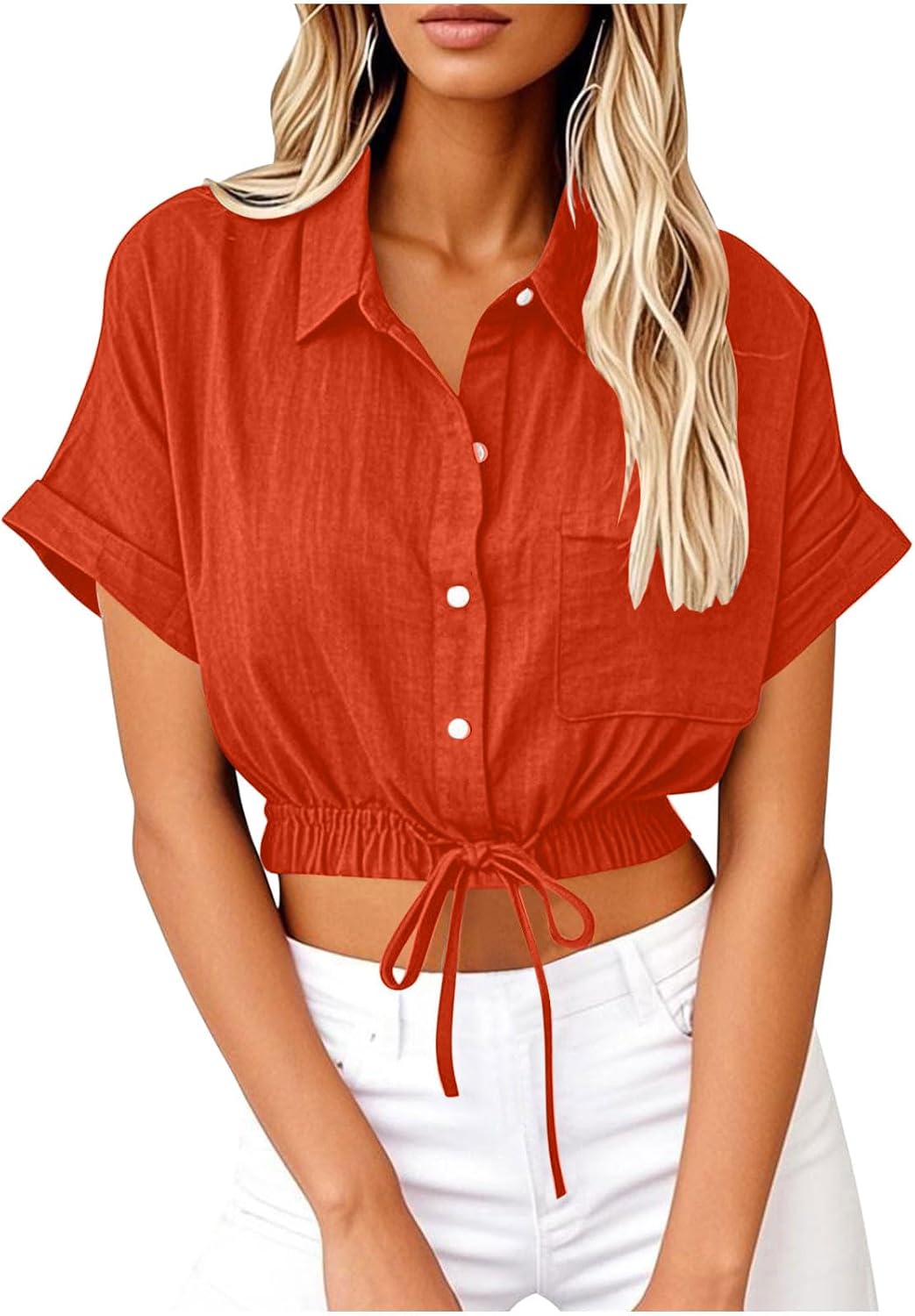 Crop Tops for Women Collared Linen Button Down Shirts Short Sleeve Tie Waist Summer Blouses Casual Loose Cute Shirt