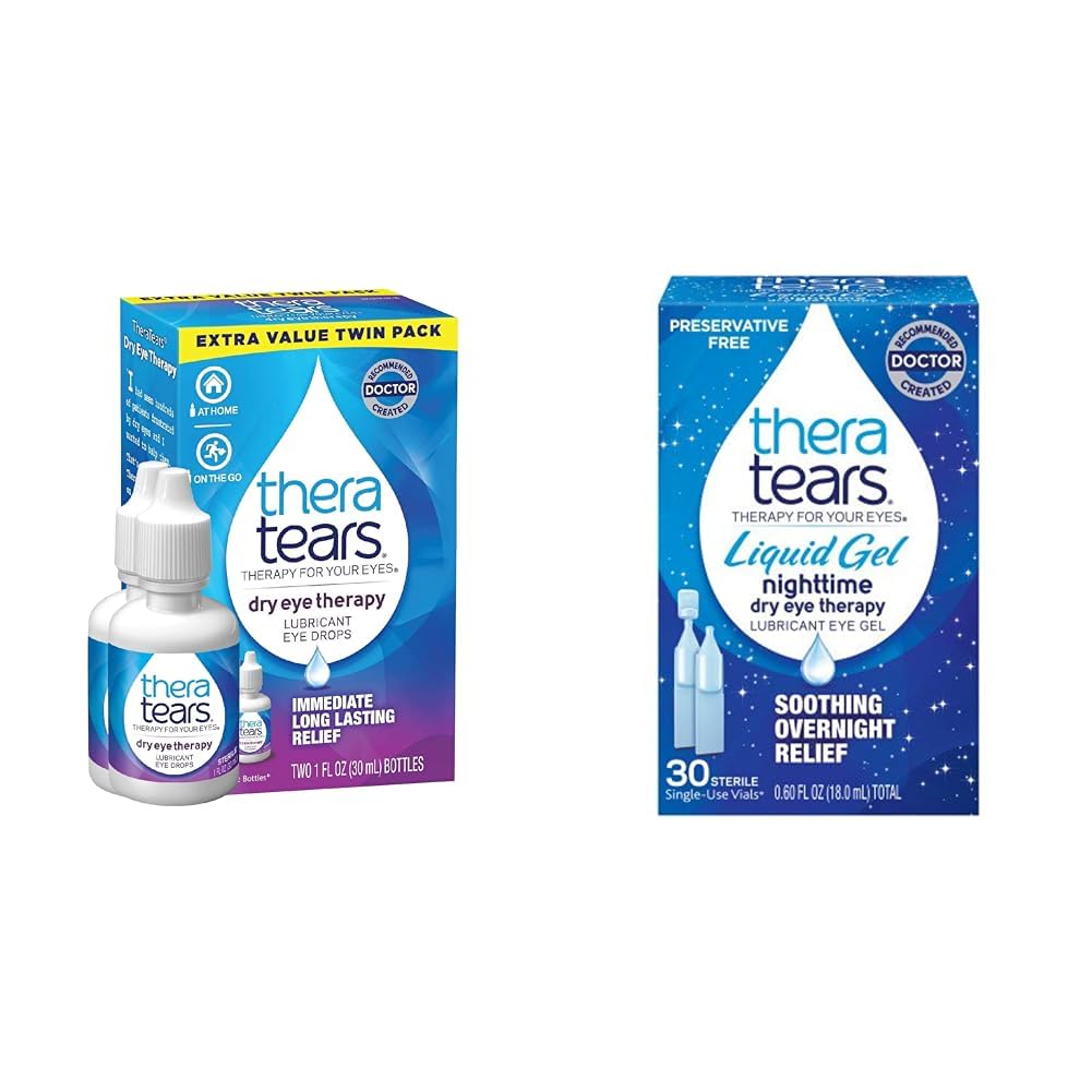 Amazon.com: TheraTears Dry Eye Therapy Lubricating Eye Drops for Dry Eyes,  1 fl oz Bottle Twin Pack, (2 x 30mL Bottles) & Liquid Gel Nighttime  Lubricating Eye Drops for Dry Eyes, Single-Use
