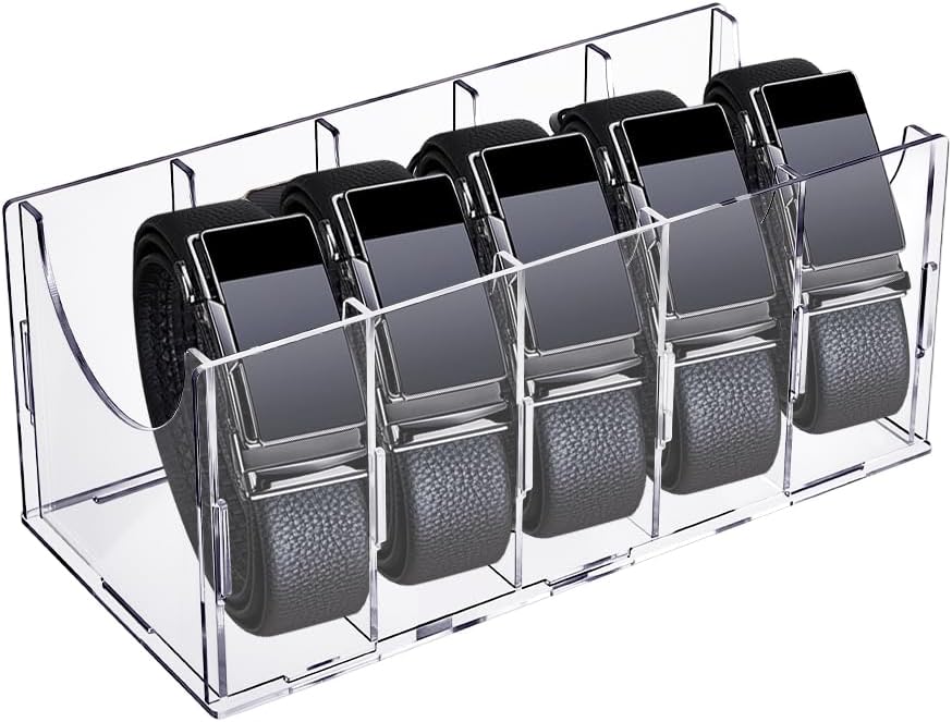 UNICRAFTALE Acrylic Belt Organizer Belt Storage Holder Display Case with 5 Compartments Storage Holder Clear Containers for Watches Tie Jewelry and Accessories for Closet