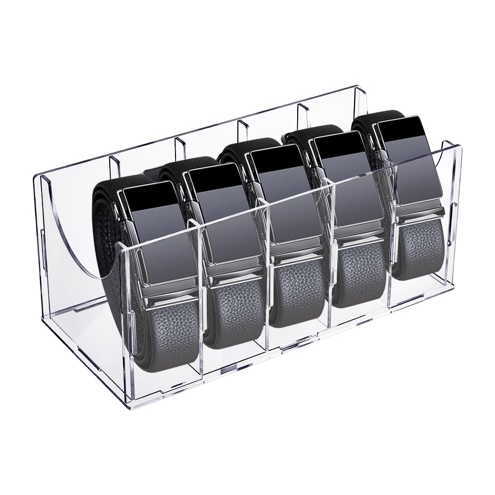 UNICRAFTALE Acrylic Belt Organizer Belt Storage Holder Display Case with 5 Compartments Storage Holder Clear Containers for Watches Tie Jewelry and Accessories for Closet