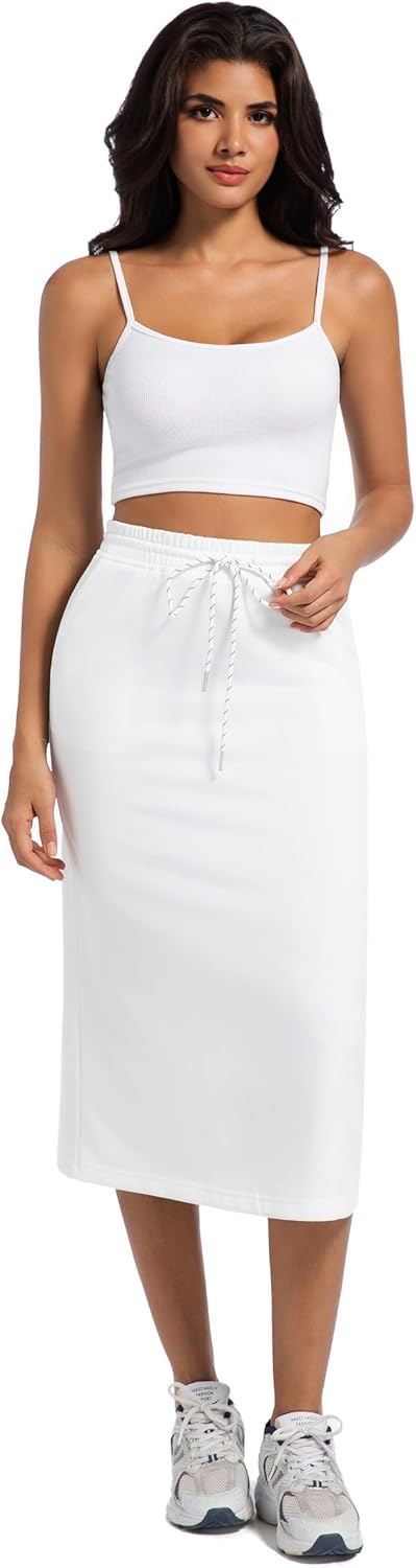 Women's Casual High Waist Elastic Drawstring Stretch Sweat Slit Midi Skirt with Pocket - Image 2